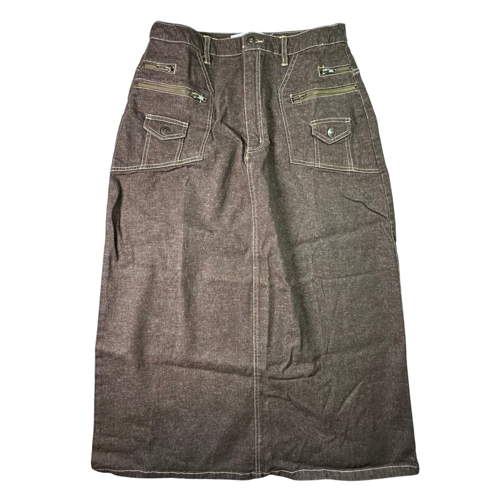 Denim 24/7 Y2K Brown Utility Maxi Skirt Cargo Contrast Stitch Gorpcore 12W Brown